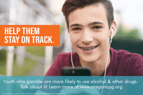 A teen boy smiles, looking into the camera. The caption reads, "Youth who gamble are more likely to use alcohol & other drugs. Talk about it! Learn more at www.oregoncpg.org"