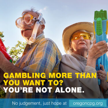An elderly man and woman brandish squirt guns. The caption reads, "Gambling more than you want to? You're not alone."