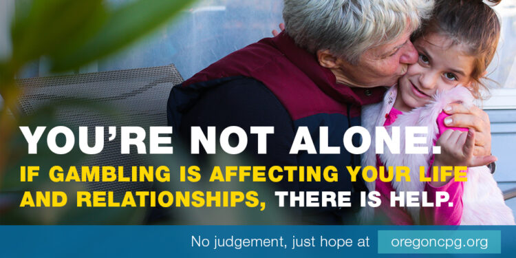An elderly person gives a hug and kiss to a little girl. The caption reads, "You're not alone. If gambling is affecting your life and relationships, there is help.
