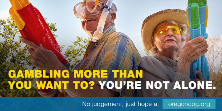 An elderly man and woman brandish squirt guns. The caption reads, "Gambling more than you want to? You're not alone."