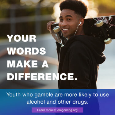 A teen boy holding a skateboard smiles, looking into the camera. The caption reads, "Your words make a difference."