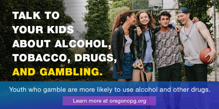 A group of four young people hanging out on a basketball court. The caption reads, "Talk to your kids about alcohol, tobacco, drugs, and gambling."