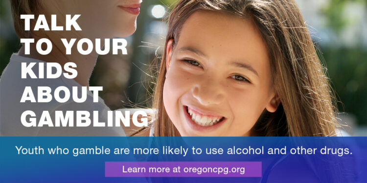 A teen girl smiles, looking into the camera with her mother in the background. The caption reads, "Talk to your kids about gambling."