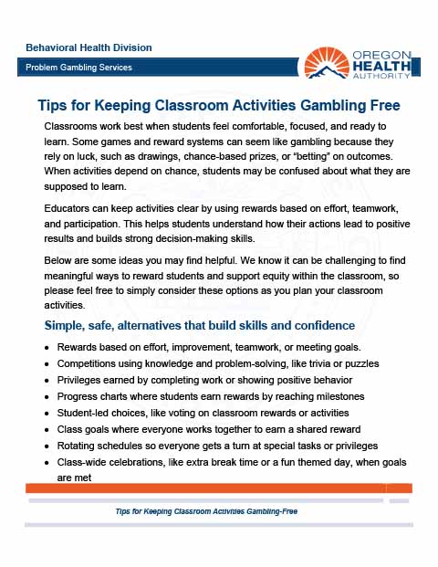 First page of Tips for Keeping Classroom Activities Gambling Free